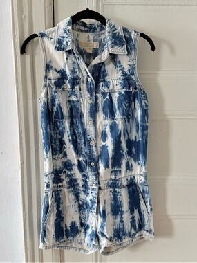 Michael Michael Kors Tie Dye Denim Sleeveless Button Up Shorts Romper